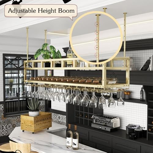 Ceiling Wine Glass Rack - 2 Layer Adjustable Height Stemware Wine Glass Holder Glasses Storage Hanger Metal Organizer with Light, for Bar Cafe Kitchen Island(Gold,59in)