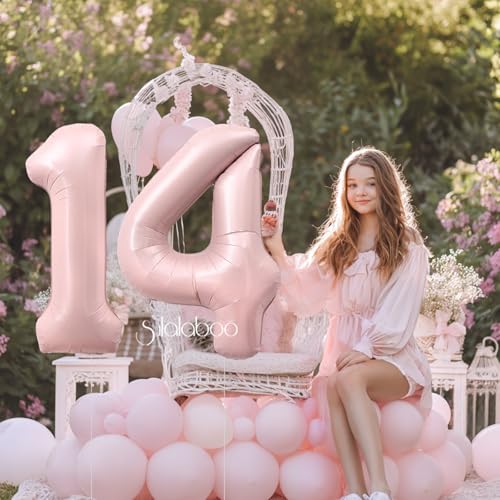 Image of 40 Inch Light Pink Number 14 Balloon 0-9 14th Foil Big Giant | Digital for Birthday Anniversary Graduation Decorations