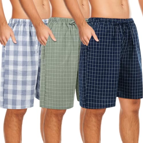 3 Pack Men Cotton Pajama Shorts Woven Sleep Pajama Lounge Sleep Shorts with Drawstring Pockets