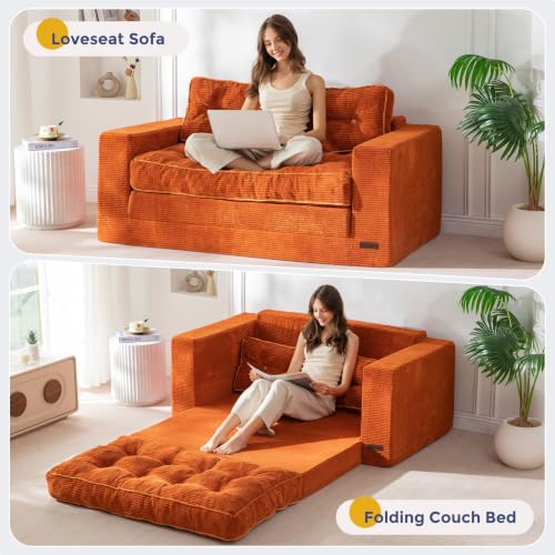 Image of MAXYOYO Convertible Sofa Bed, Pull Out Loveseat Sofa Couch, 2 in 1 Folding Couch Bed, Fold Out Floor Couch with Pillows for Living Room Bedroom Lounge