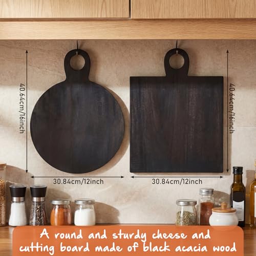 Image of 2 Pcs Acacia Wood Cutting Board with Handle 16'' Square and Round Charcuterie Chopping Board for Pizza Cheese Meat Decorative Black Wooden Serving Tray for Kitchen and Dining Room