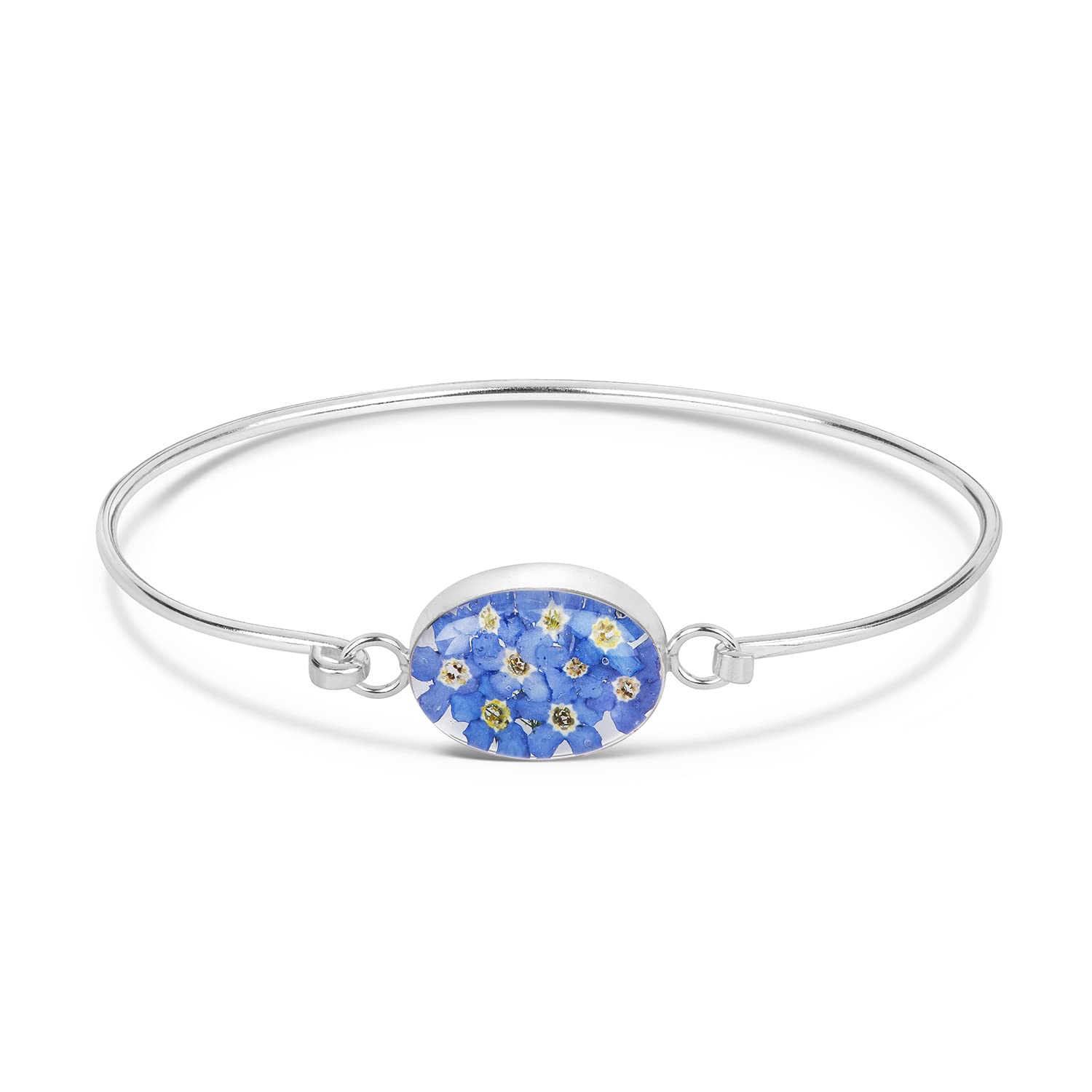 Natural Flower JewellerySterling Silver Oval Bangle Made With Real Forget Me Nots