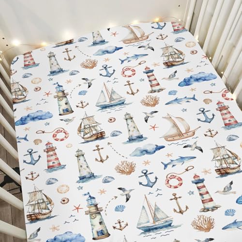 Image of Sailing Adventure Baby Crib Sheets for Boy Girl 28"x52" Sea Lighthouse Ship Anchors Whale Shells Soft Snug Fitted Crib Mattress Cover Beach Summer Baby Sheet for Standard Crib & Toddler Bed Mattress