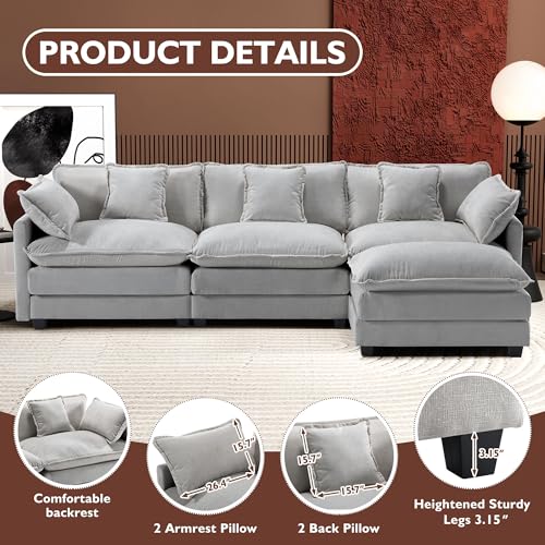 Image of Ihanherry 111.4 inch L Shaped Modern Sofa Modular Sectional Cloud Couch with Ottoman, 4-Seat Chenille Deep Seat Sofa with Pillow for Living Room, Bedroom and Apartment, Grey