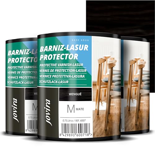 JOVIRA PINTURAS BARNIZ-LASUR Protector Mate al Agua. Protege, decora y embellece todo tipo de madera. (3x750 Mililitros, Wengue)
