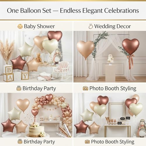 Image of Atpata Funky Boho Theme Foil Balloons - White Sand, Nude Cream, Tan Brown Caramel Shades - Stars and Hearts Shape - for Weddings, Birthdays, Baby Showers, and Party Decorations (6pcs, Heart & Star)