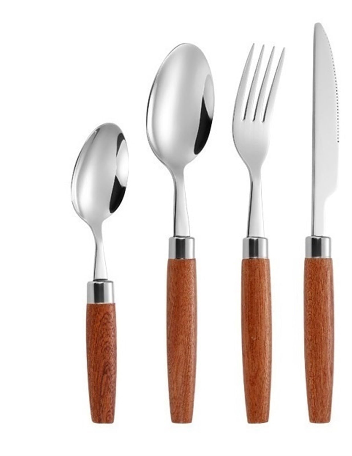 OLSKFUH Cutlery Flatware Cutlery Set, 4/16/24/32 Pieces 304 Stainless Steel Cutlery, Forks, Spoons, Wooden Handle Steak Cutlery, Simple Tableware Set,Silver-4Set-16Pcs