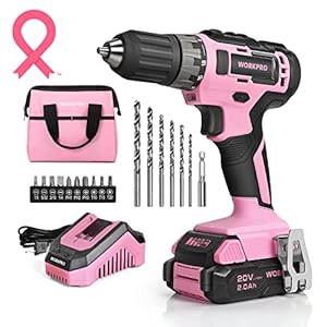 WORKPRO 20V Pink Cordless Drill Driver Set, 3/8” Keyless Chuck, 2.0 Ah Li-ion Battery, 1 Hour Fast Charger and 11-inch Storage Bag Included – Pink Ribbon