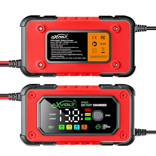 Image of AXVOLT Fully Automatic Battery Charger 7A 12V, Car Battery Charger & Maintainer- EU Plugfor Car, Motorcycle, Lawn Mower and More (Red)