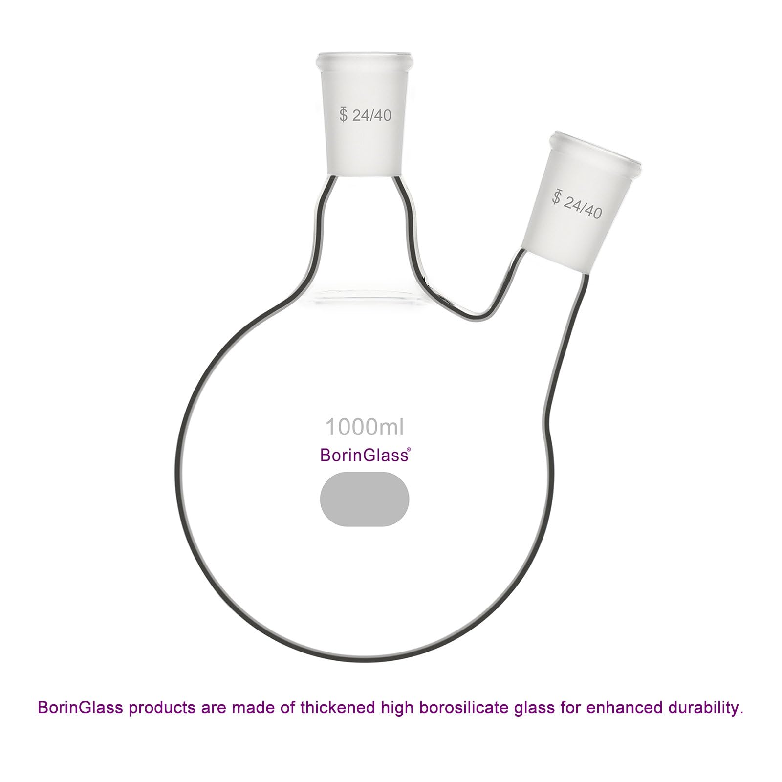 BorinGlass Flacon à Fond Rond à Deux Cols RBF, Flacon de Distillation en Verre 2 Cols avec Joint Extérieur Standard 24/40, 1000 ml