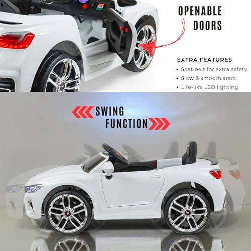 Image of MEKASHI Electric Ride-On Car for Kids 1-7 Years, 12V Battery, Remote Control, 5 Speed, LED Lights, Bluetooth, White
