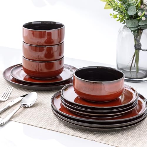 Image of LERATIO Ceramic Dinnerware Sets for 8,Plates and Bowls Sets,Handmade Reactive Glaze Dishes Set,Highly Chip and Crack Resistant | Dishwasher & Microwave & Oven Safe Dishes set,Service for 8-Red(24pc)