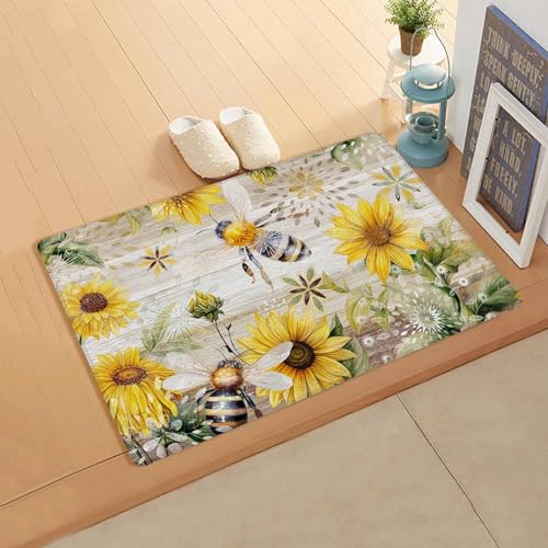 Bee Floral Antifatigue Kitchen Bath Door Mat Cushioned Runner Rug,Washable Welcome Floor Sink Mat,Waterproof & Non-Slip Standing Doormat for Kitchen,Retro Sunflower Spring Summer Country Wood 24