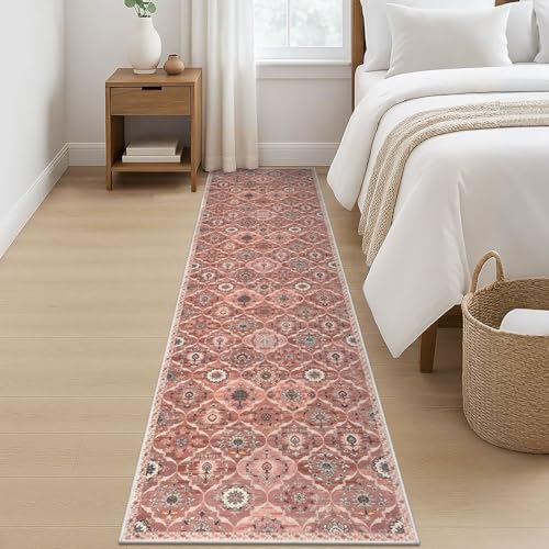 KILOCOCO 2x8 Runner Rug, Moroccan Super Soft Washable Hallway Entryway Runner Rug, Accent Print Faux Wool Kitchen Runner Rug 8 Feet Non-Slip Boho Rug Runner for Bedroom, Beige Terracotta