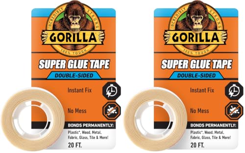 Image of GORILLA Super Glue Tape, Multi-Purpose, Permanent, Double Sided, High Tack, 5 /8in x 20ft, Clear (Pack of 2)