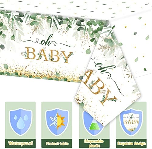 3 Pieces Sage Greenery Oh Baby Tablecloths for Baby Shower Party Decorations Plastic Disposable Gold Foil Eucalyptus Leaf Table Covers for Rectangle Tables Sage Boho Woodland Neutral Party Supplies 4 51J8RLFpXuL. AC