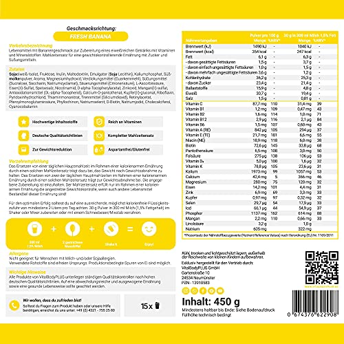 VitalBody+ DailyShake, Fresh Banana, 450 g, Mahlzeitenersatz-Shake zum Abnehmen, 15 Mahlzeiten, nur 250 kcal pro Shake, vollwertig & kalorienarm ersetzen