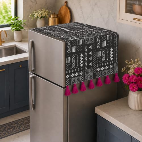 Image of WWW.THROWPILLOW.IN Double Door Fridge Cover 400+L | 450 GSM Durable Fridge Top Cover with Tassels| Dustproof Refrigerator Cover in Black Tribal Print |