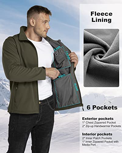 33,000ft Softshelljacke für Herren Wasserdicht Winterjacke Winddicht Warme Fleece Gefüttert Windbreaker Funktionsjacke Outdoorjacke für Wandern Fahrrad Camping Olivgrün XL