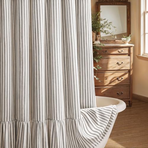 XOGUIBO Farmhouse Shower Curtain with Ruffle Hem Linen Shower Curtains for Bathroom Country Vintage Rustic Natural Fabric, Cream-Black Stripe 72