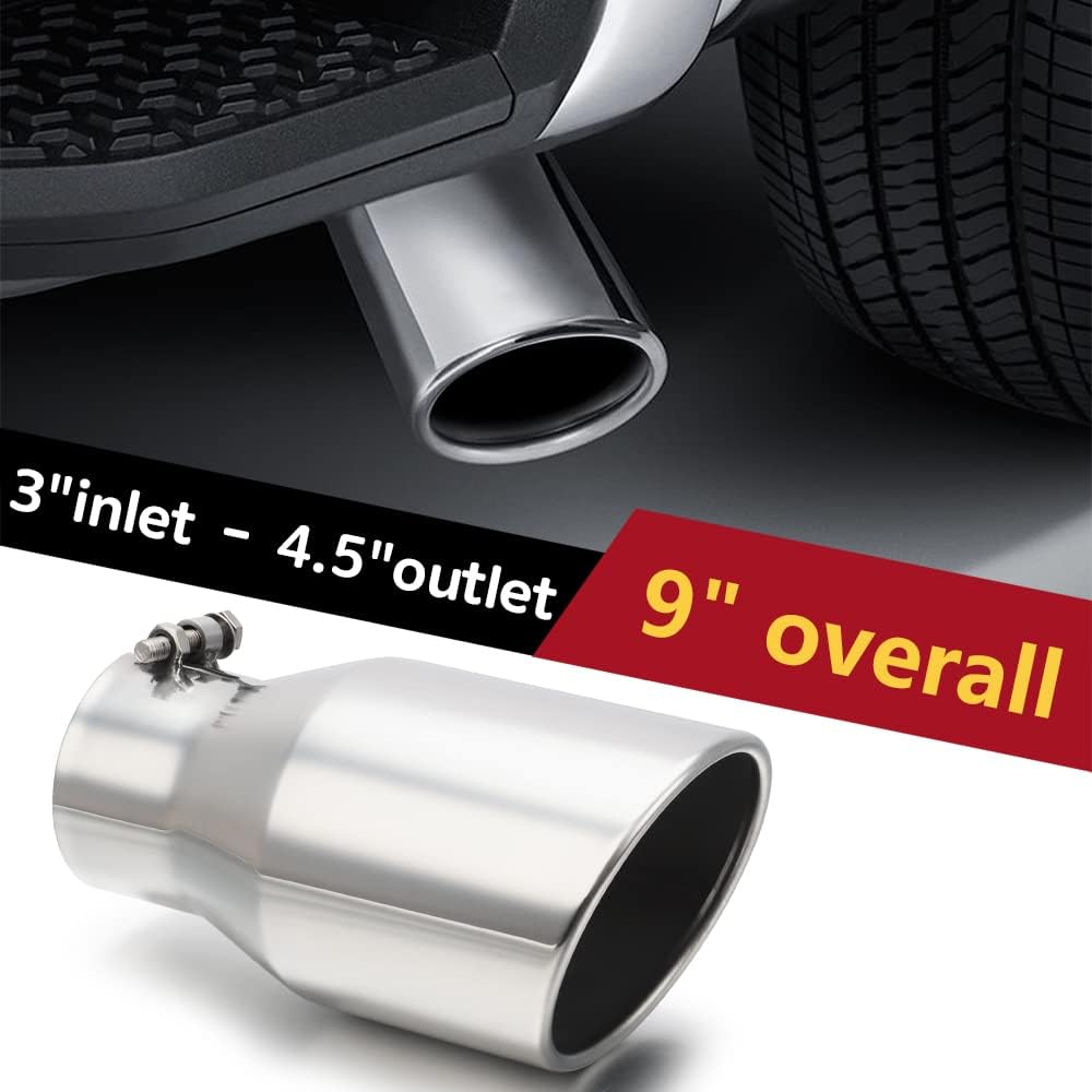 LCGP 3" Inlet Exhaust Tip Polished Exhaust Tailpipe Tip 3" Inlet 4.5" Outlet 9" Long Bolt On Stainless Steel Protect Tailpipe