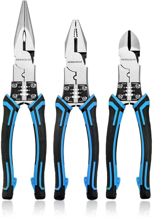 Industrial Compound action 3pcs Pliers Set (NEWACALOX Heavy Duty 8" Combination Pliers 8" Side Cutting Pliers 9" Needle Nose Plier, with Wire Stripper-Crimper Function, Blue