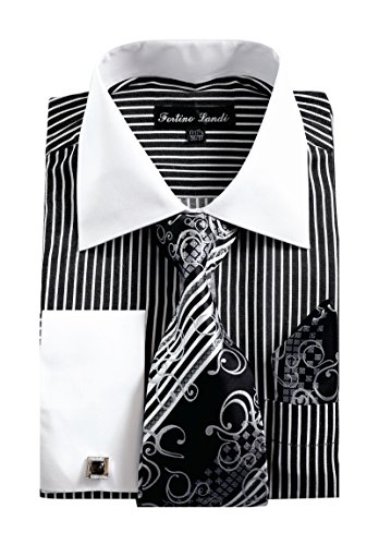 Fortino Landi Men's Striped Dress Shirt w/French Cuff Links, Tie and Hanky Set #631 (18-18 1/2, 36/37, Black)