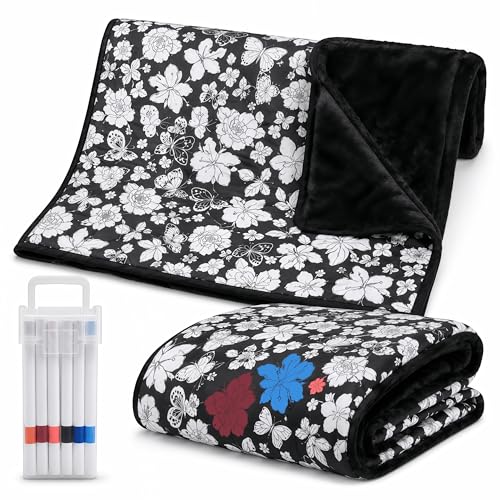 SangHW Fuzzy Velvet Decorative Cover Throw Blanket Washable Coloring Personalized Blanket for Living Room Bedroom Warm Plush Furniture Blanket with Safe Water-Based Markers