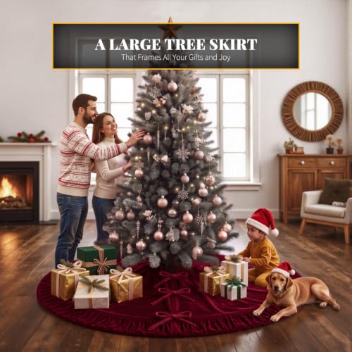 VEILS Large Christmas Tree Skirt, Velvet Burgundy Tree Skirts with Center Pleats and Plush Tie Closures for Christmas Party Favors Decor(60") - image 4