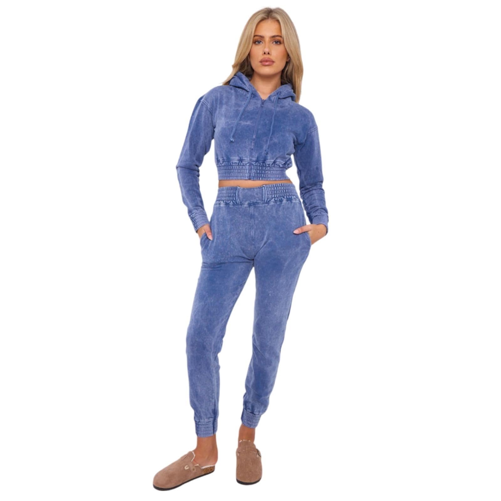 Zestaw dresów damskich, Acid Washed Crop Hoodie Zip Up Fleece Cuffed Joggers, Odzież gimnastyczna Zestaw damski, Zestawy odzieży wypoczynkowej z elastyczną talią UK, aktywna bluza z