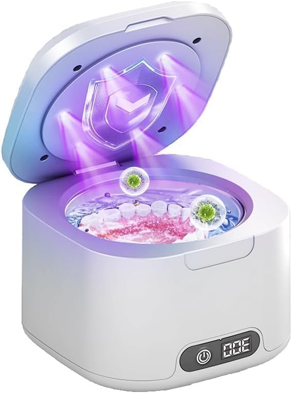 Ultrasonic Retainer Cleaner Machine, 49kHz Ultrasonic Cleaner for Dentures, Retainer, Mouth Guard, Aligner, Toothbrush Head, 340ML Ultrasonic Cleaning Machine for All Dental Appliances