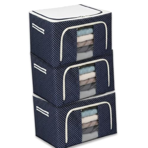 Image of RENVA 3 PCS polycotton Clothes Storage Organizer Bins, Foldable Storage Bins-Cloth Steel Frame Storage Box with Foldable Clear Window & Reinforced Handles (Blue, 66L-3)