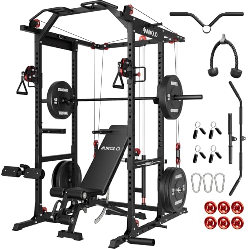 Mikolo K6 2.0 Power Cage Power Rack with Cable Crossover System 2000LBS Squat Rack with LAT Pull Down System Functional Trainer with Aluminum Pulley System for Home Gym Black 230LB Black Weights