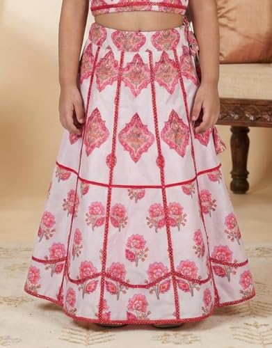 Image of Girls Rayon Lehenga Choli Set with Inner Cape | Lacework Floral Printed Kids Ethnic Wear | Traditional Indian Outfit for Girls (2-10 Years)