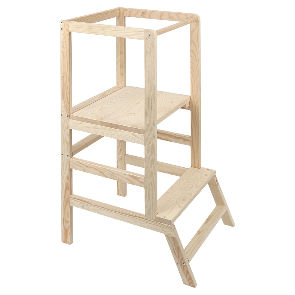 Montessori Lernturm aus Holz, platzsparend: Klappturm, Hocker für Kinder, faltbare Leiter für Kinder, mit Kippschutz, 90 x 52 x 39 cm, Originalfarbe