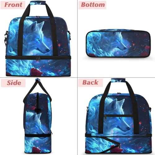 Large Weekender Overnight Bags Animal Wolf Blue Travel Duffel Bag for Women Men Gym Bag With Shoe Compartment Foldie Travel Tote Bag Carry On Personal Item Bag for Travel Gym Sports3