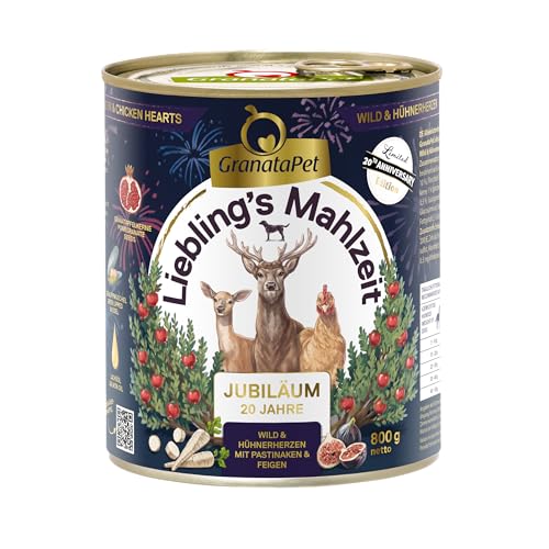 GranataPet Liebling's Mahlzeit Jubiläumsedition Wild und Hühnerherzen, Nassfutter für Hunde, Hundefutter ohne Getreide und ohne Zuckerzusätze, Alleinfuttermittel, 6 x 800 g