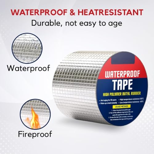 Image of uper Strong Adhesive Waterproof Tape Permanent Repair Roof Water Leakage Solution Rubber Foil Suitable for Roof Leak, Surface Crack, Window Sill Gap, Boat Sealing, Tank Leak (10CM*5M)(Pack of 1)