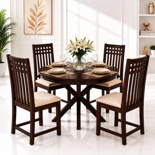 Image of Wooden Dining Table & Chair Set for 4 Person | Solid Sheesham Wood Round Dining Table with Air Grid Backrest & Cushioned Chairs | Modern & Trending Style Design for Home & Dining Room | Walnut Finish