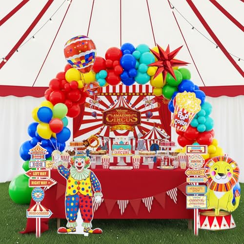 Image of Carnival decorations & include red blue yellow balloon & foil hot air popcorn lion balloons & striped banner & Backdrop carnival Circus road sign paper card Signboard decor for Circus decorations