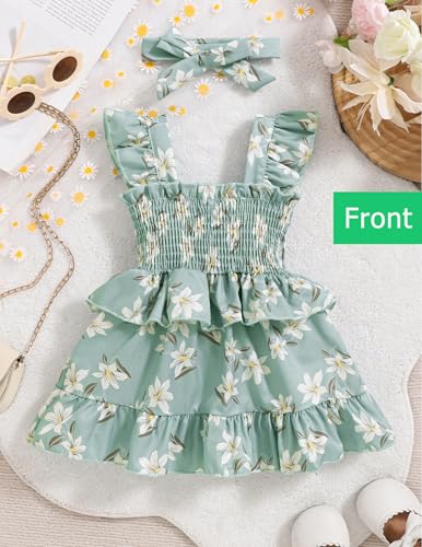 Baby Girl Dress Toddler Clothes Infant Outfits Summer Ruffle Sleeve Playwear Sundress Smock Beach Boho Dresses+Headband2