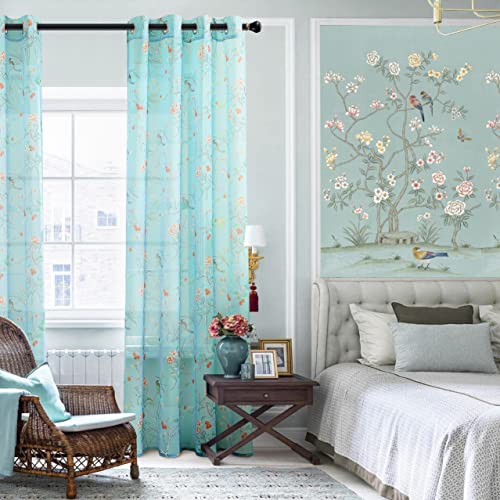 Image of XTMYI Turquoise Blue Eclectic Boho Sheer Curtains, Botanical Pattern Funky Global Artistic Bohemian Breezy Window Panel for Bedroom Living Room, 96 Inch Long 2 Panel Set