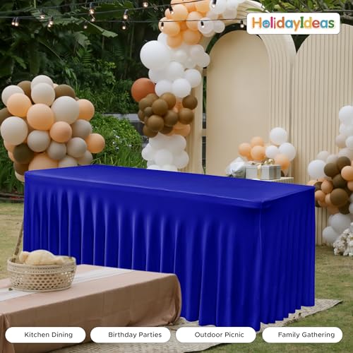 Image of HolidayIdeas Royal Blue Spandex Table Skirts for Rectangle Tables 6ft, Fitted Stretch Table Cover 30x72 Inch, Wrinkle-Free Ruffle Design Tablecloths for Banquets,Trade Shows, Parties, Events, 2 Pack