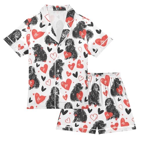 ALAZA Black Puppy Dog with Heart Satin Pajamas Set Short Sleeve Button Down Sleepwear Summer Pjs 2 Piece