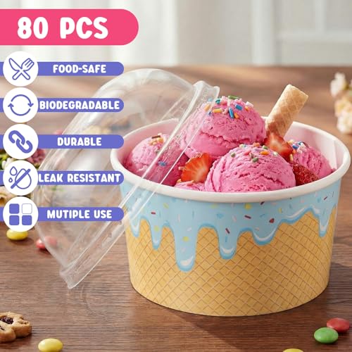 Image of Jingmore 80 Count Paper Ice Cream Cups with Clear Dome Lids Disposable Dessert Cups Bulk Dessert Bowls Sundae Containers for Snack Yogurt Soup Birthday Ice Cream Party Supplies (8 oz)