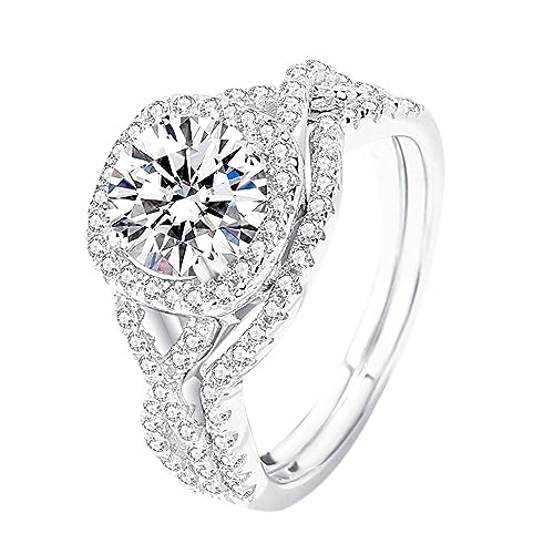 Silwan 2CT Moissanite Ring Set for Women, Halo Bridal Wedding Rings Set 2 Pieces, 925 Sterling Silver 10K 14K 18K Engagement Ring, for Women Ladies Engagement Wedding