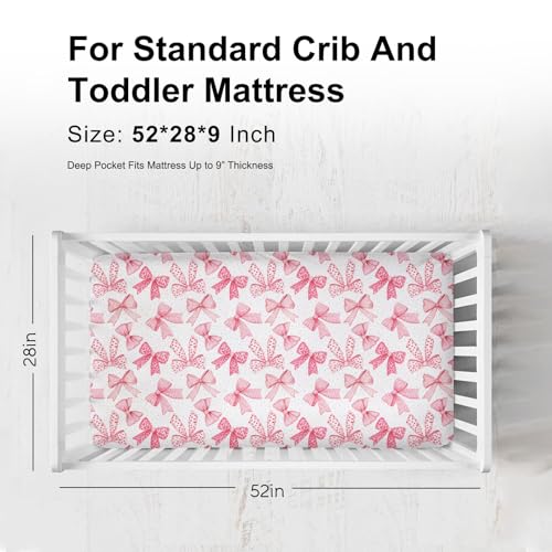Image of Pink Valentine's Bows Fitted Crib Sheets for Girl 52 inchx28 inch Girly Pink Hair Bows Crib Mattress Covers Soft Breathable Valentine Hearts Love Baby Sheets for Standard Crib and Toddler Mattresses Pink
