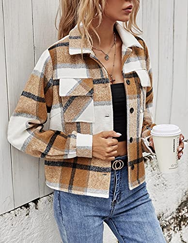 Yeokou Women's Fashion Cropped Flannel Wool Blend Plaid Shacket Long Sleeve Button Down Jackets Coat (Brown, Medium) #TOP3