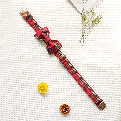 Image of Dog Collar Floral with Elegant Bow Tie Soft Comfy Cotton Adjustable Collar , Premium Metal Buckle for Puppy and Cat Small Medium Large（Red Plaid，L）