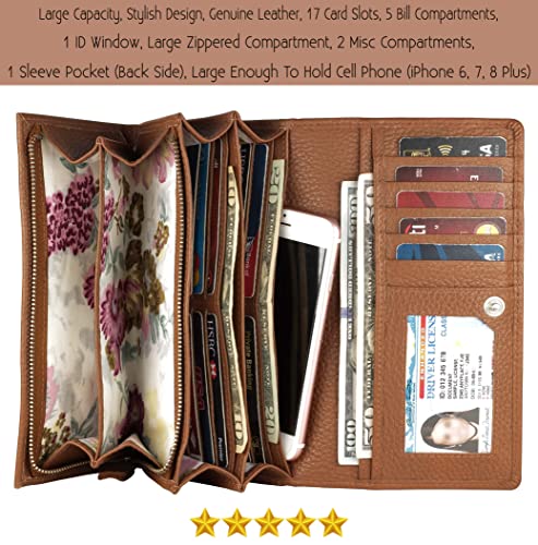Image of Women's Top Grain Leather Wallet, RFID Blocking Bifold clutch, 17 Card Slots, Zip Pocket Organizer, Elegant Gift for Women - Birthday, Valentine, Anniversary - Pebble Cognac